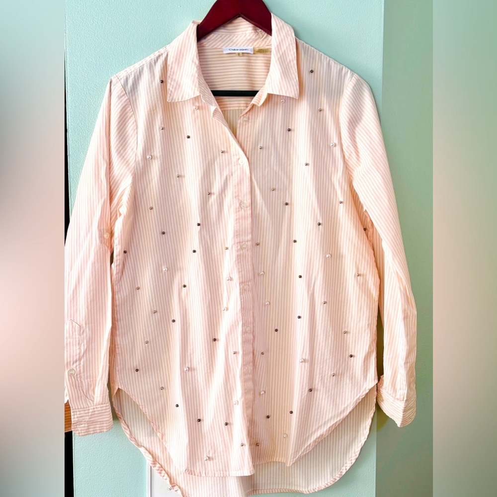 Calvin Klein Pech  Striped Button-Up Shirt with Embellishments